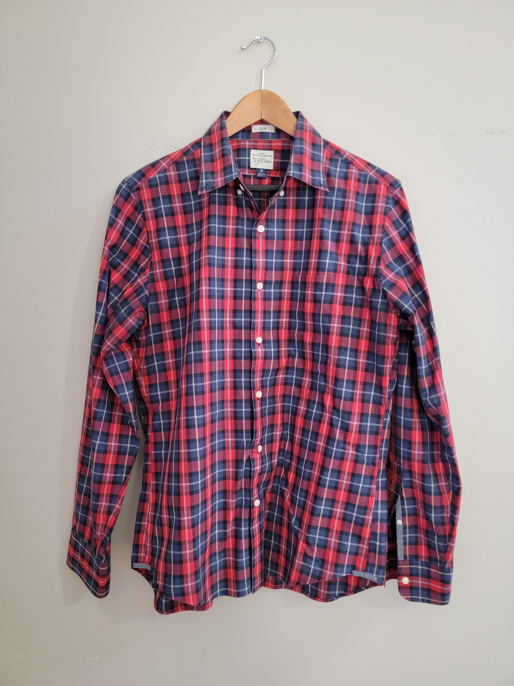 J. Crew Red and Navy Plaid Cotton Button-Down Shirt Size M